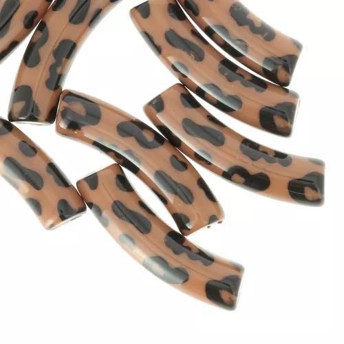 Perline tubolari curve 32x8 mm in acrilico opaco - motivo leopardato - Marrone - Nero x4