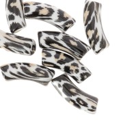 Perline tubolari curve 35x11 mm in acrilico opaco - Stampa leopardo - Nero - Beige x4