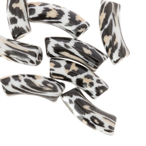 Perline tubolari curve 35x11 mm in acrilico opaco - Stampa leopardo - Nero - Beige x4