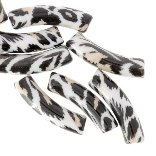 Perline tubolari curve 32x8 mm in acrilico opaco - motivo leopardato - Nero - Beige x4
