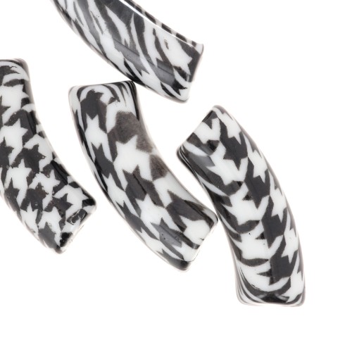 Perline tubolari curve 35x11 mm in acrilico - motivo pied-de-poule - Nero - Bianco x4