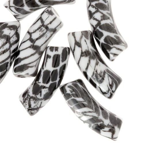 Perline tubolari curve 35x11 mm in acrilico opaco - Motivo serpente - Bianco - Nero x4