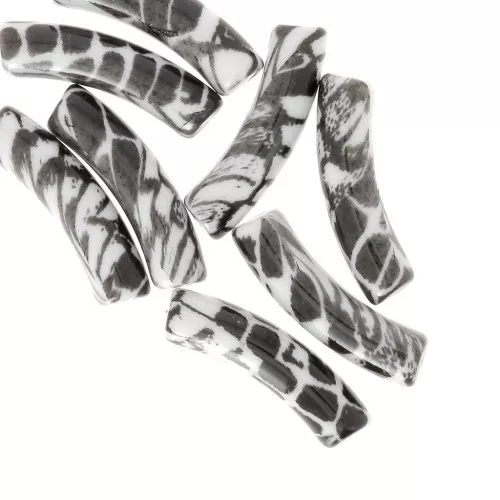 Perline tubolari curve 32x8 mm in acrilico opaco - motivo Snake - Bianco - Nero x4