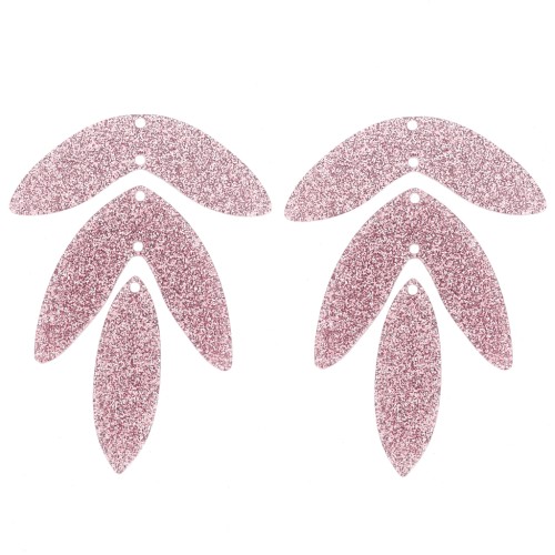 Set di 6 pendenti a forma di foglia in acrilico 62x45 mm da montare - Brillantini rosa antico
