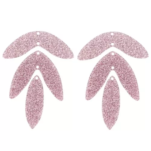 Set di 6 pendenti a forma di foglia in acrilico 62x45 mm da montare - Brillantini rosa antico