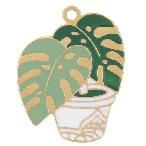 Ciondolo a forma di filodendro 18x14 mm in resina epossidica - Acciaio inossidabile 304L Dorato - Verde