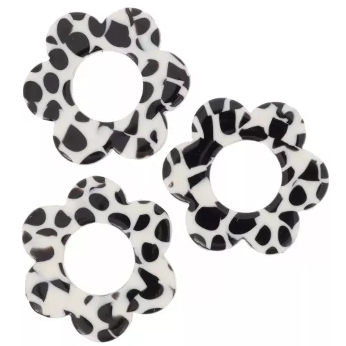 Pendenti a forma di fiore in acetato da 18 mm - Nero screziato - Bianco x10