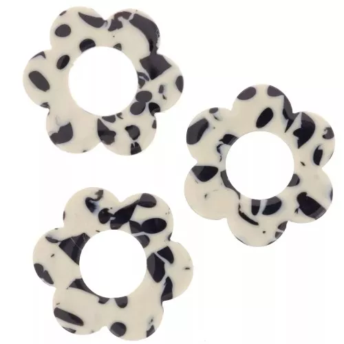 Pendenti a forma di fiore in acetato da 18 mm - Nero screziato - Crema x10