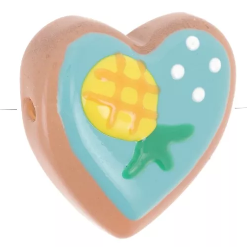 Perla di vetro a cuore da 24 mm - Motivo ananas - Turchese - Giallo x1