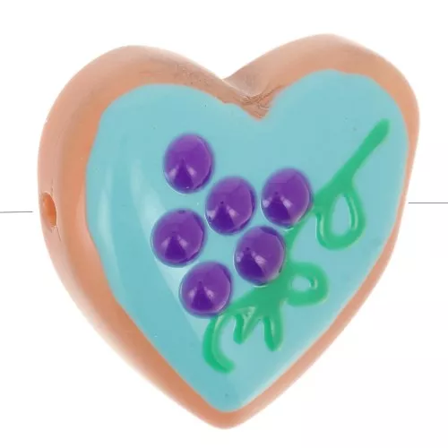 Perla di vetro a cuore da 24 mm - Motivo uva - Turchese - Viola x1