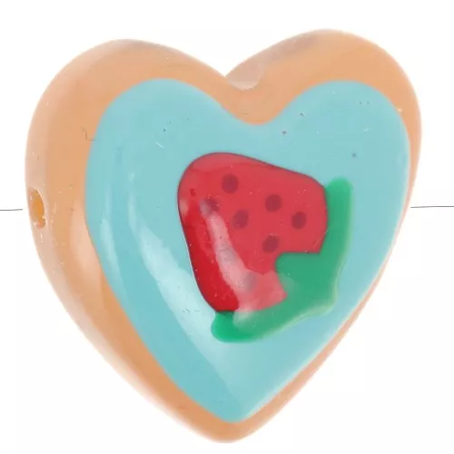Perla di vetro a cuore da 24 mm - motivo fragola - Turchese - Rosso x1