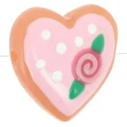 Perla di vetro a cuore da 24 mm - Motivo floreale - Rosa - Bianco x1