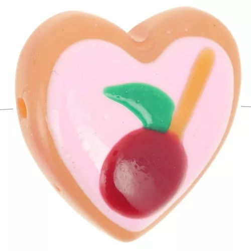 Perla di vetro a cuore da 24 mm - Motivo mela - Rosa - Rosso x1