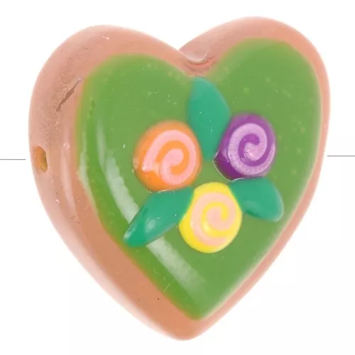 Perla di vetro a cuore da 24 mm - Fiori - Verde - Viola - Giallo x1