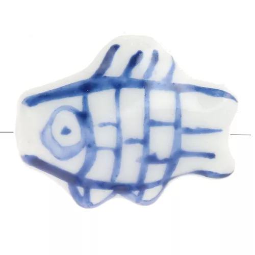 Perla pesce in ceramica 12x15 mm - Bianco - Blu scuro x1