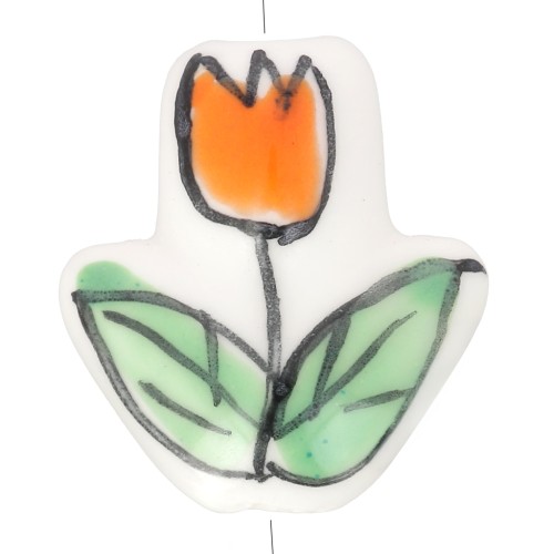 Perla fiore Tulipano in ceramica 16x14,5 mm - Bianco - Arancione - Verde x1