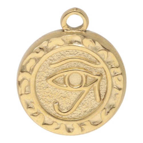 Ciondolo rotondo da 16 mm - motivo Occhio di Horus - Acciaio inossidabile 304L Dorato x1