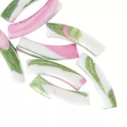 Perles tube incurvé en acrylique opaque 32x8 mm - Motif fleurs - Blanc - Rose x4