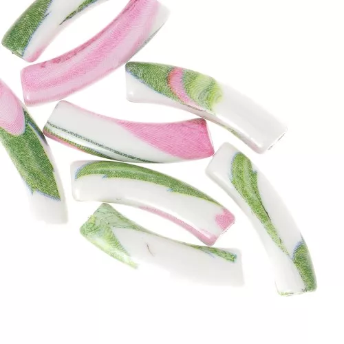 Perline tubolari curve 32x8 mm in acrilico opaco - Motivo floreale - Bianco - Rosa x4