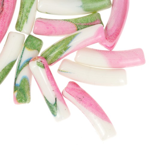 Perle tubolari curve in acrilico opaco 19x5 mm - Motivo floreale - Bianco - Rosa x4