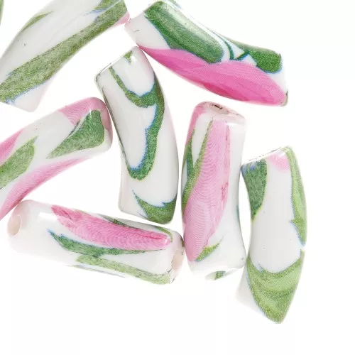 Perline tubolari curve 35x11 mm in acrilico opaco - Design floreale - Bianco - Rosa x4