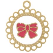 Ciondolo rotondo da 15 mm - motivo a fiocco - Resina epossidica - Acciaio inossidabile 304L Dorato x1|raw }}