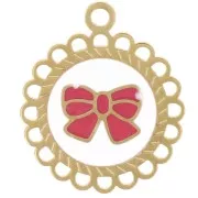 Ciondolo rotondo da 15 mm - motivo a fiocco - Resina epossidica - Acciaio inossidabile 304L Dorato x1