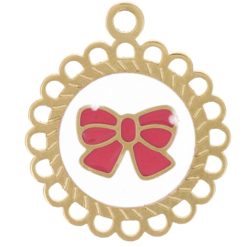 Ciondolo rotondo da 15 mm - motivo a fiocco - Resina epossidica - Acciaio inossidabile 304L Dorato x1