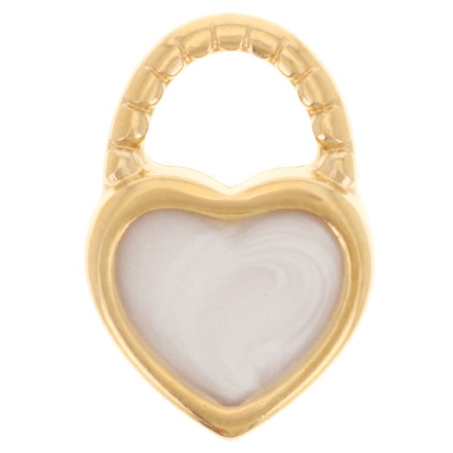 Ciondolo a cuore 14,5x10 mm in resina epossidica - Dorato con oro fino - Bianco perlescente