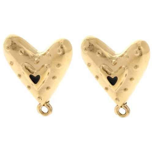 Orecchini a cuore 20x17 mm in resina epossidica - Dorato con oro fino - Nero x2