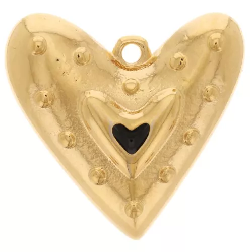 Pendente a cuore 22x24 mm in resina epossidica - Dorato con oro fino - Nero x1