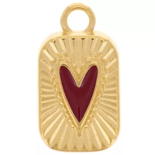 Pendente rettangolare 23,5x13 mm con cuore in resina epossidica - Dorato con oro fino - Rosso