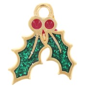 Ciondolo a forma di foglia di agrifoglio 15,5x14 mm in resina epossidica - Dorato con oro fino - Brillantini verdi|raw }}