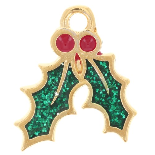 Ciondolo a forma di foglia di agrifoglio 15,5x14 mm in resina epossidica - Dorato con oro fino - Brillantini verdi