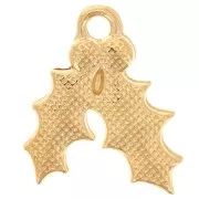 Ciondolo a forma di foglia di agrifoglio 15,5x14 mm in resina epossidica - Dorato con oro fino - Brillantini verdi