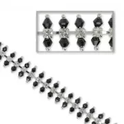 Catena strass e perle sfaccettate 13 mm Jet/Crystal/argentato x 50cm