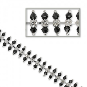 Catena strass e perle sfaccettate 13 mm Jet/Crystal/argentato x 50cm
