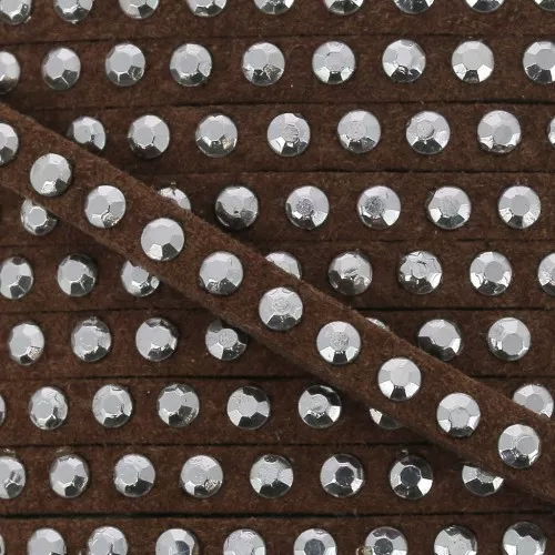 Laccetto pelle borchiato 3 mm Marron/Argenté x5m