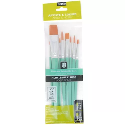 Set di 8 pennelli poliamide piatti e rotondi Pébéo - Doré