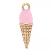 Ciondolo a forma di cono gelato 17x5 mm in resina epossidica - Acciaio inossidabile 304L Dorato - Rosa x1