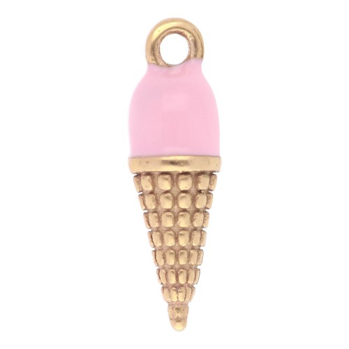 Ciondolo a forma di cono gelato 17x5 mm in resina epossidica - Acciaio inossidabile 304L Dorato - Rosa x1