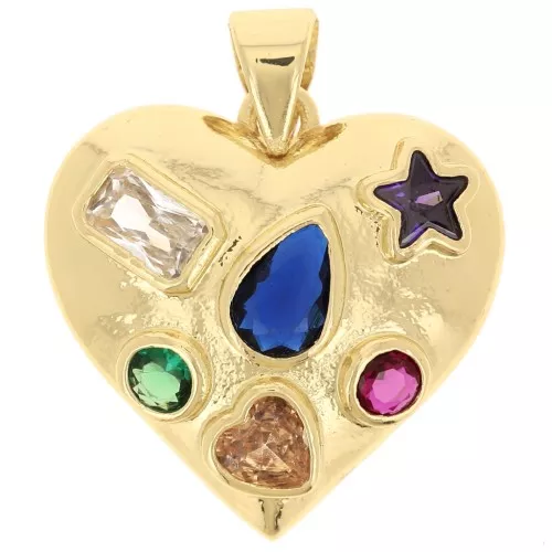 Pendente a cuore da 19 mm con ossidi di zirconio - Dorato con oro fino x1