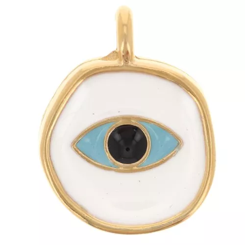 Ciondolo rotondo irregolare con motivo a occhio 14 mm in resina epossidica - Dorato con oro fino - Bianco