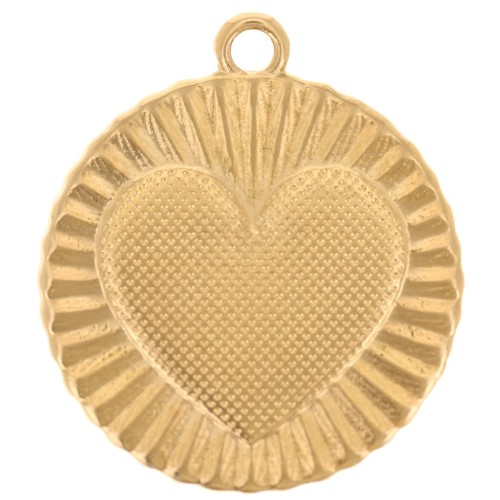 Pendente rotondo a effetto plissettato 22 mm - motivo a cuore - Dorato con oro fino x1