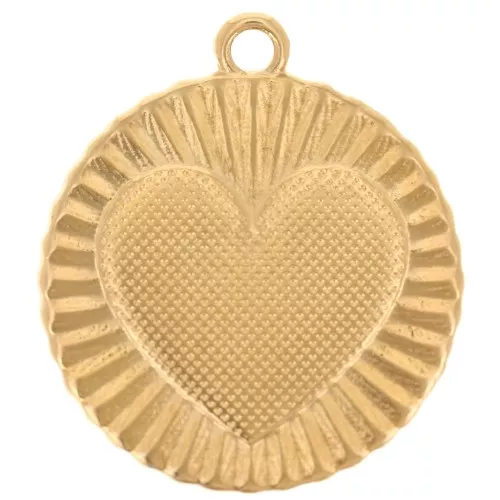Pendente rotondo a effetto plissettato 22 mm - motivo a cuore - Dorato con oro fino x1