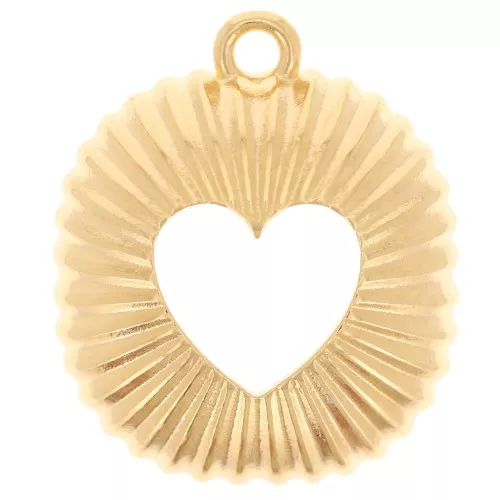 Pendente quadrato curvo a effetto plissettato 21,5x18 mm con cuore traforato - Dorato con oro fino