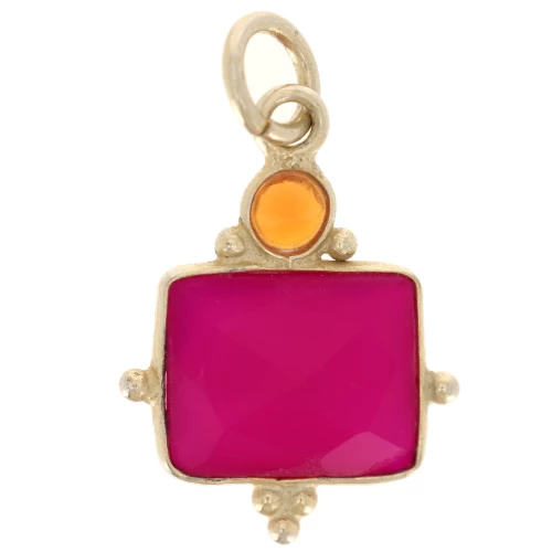Ciondolo rettangolare 8x10 mm in calcedonio rosa e cabochon 3 mm in onice rossa Dorato con oro fino