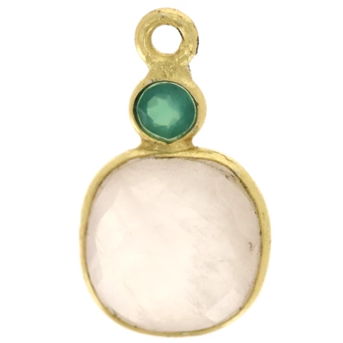 Ciondolo quadrato di quarzo rosa da 8 mm con cabochon di onice verde da 3 mm - Dorato con oro fino
