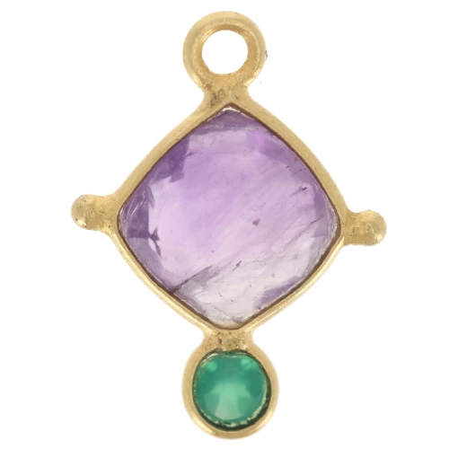 Ciondolo di diamante di ametista da 8 mm e cabochon di onice verde da 3 mm - Dorato con oro fino x1