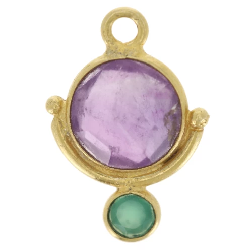 Ciondolo rotondo di ametista da 7 mm e cabochon di onice verde da 3 mm - Dorato con oro fino x1